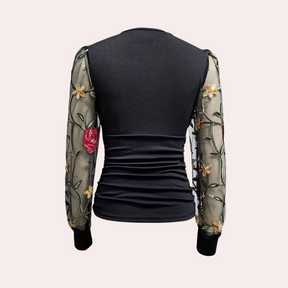Haut Élégant en Coton Noir - Broderie Florale Délicate et Léger