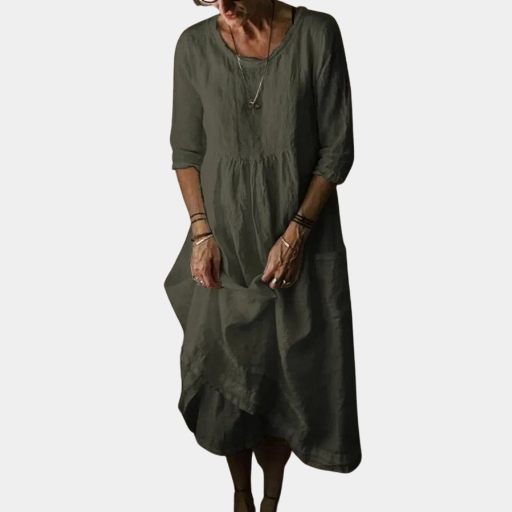 Robe Midi Vintage Élégante - Manches Courtes en Coton-Lin