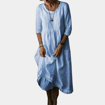 Robe Midi Vintage Élégante - Manches Courtes en Coton-Lin