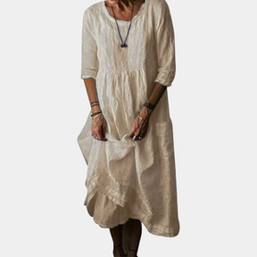 Robe Midi Vintage Élégante - Manches Courtes en Coton-Lin