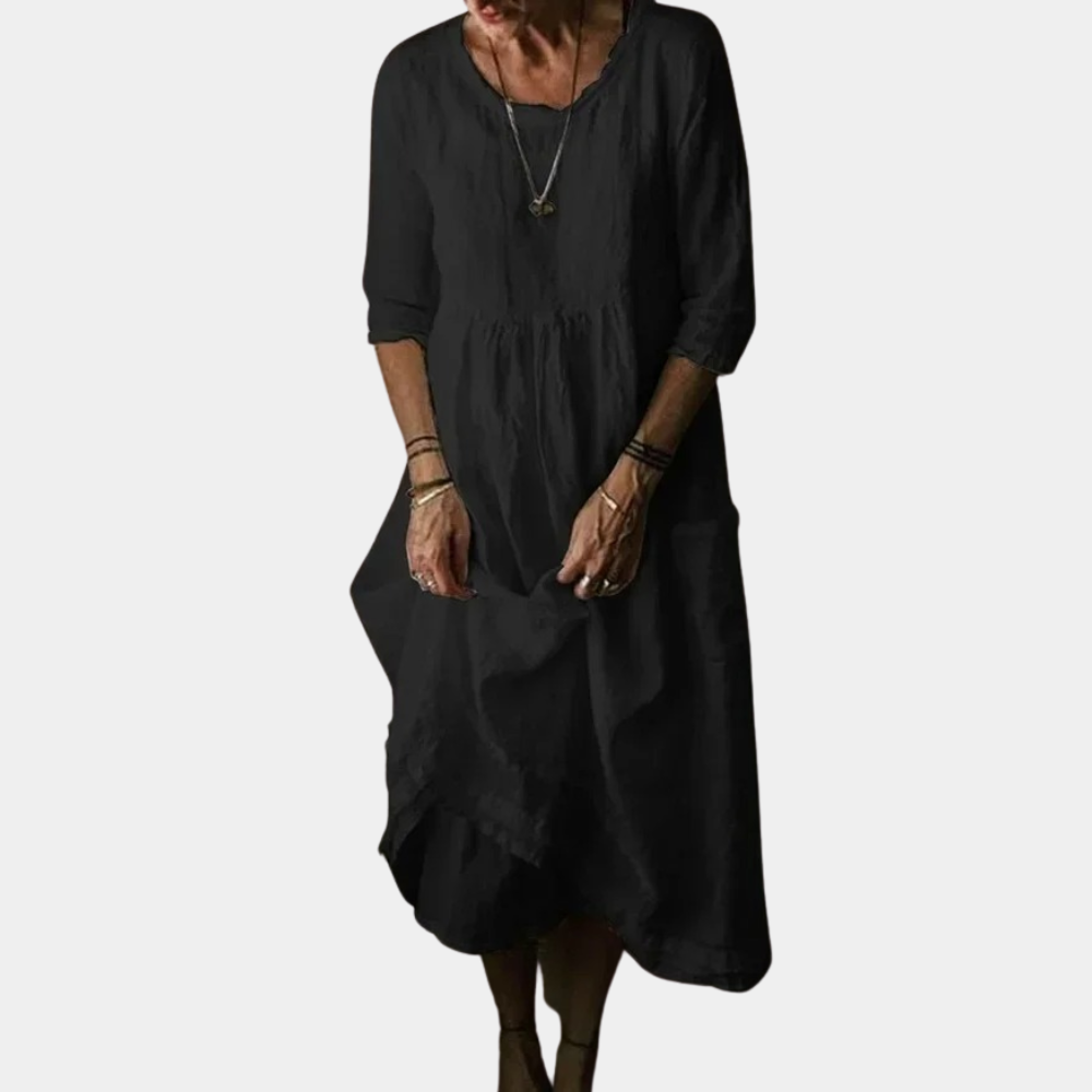 Robe Midi Vintage Élégante - Manches Courtes en Coton-Lin