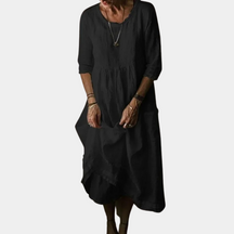 Robe Midi Vintage Élégante - Manches Courtes en Coton-Lin