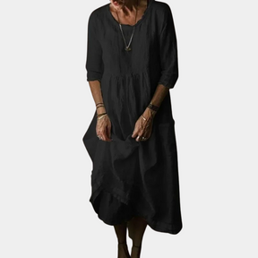 Robe Midi Vintage Élégante - Manches Courtes en Coton-Lin