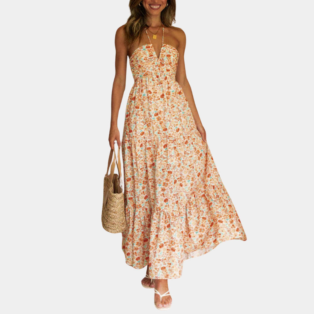 Robe Maxi Longue Élégante - Tissu Léger et Col Halter Flatteur
