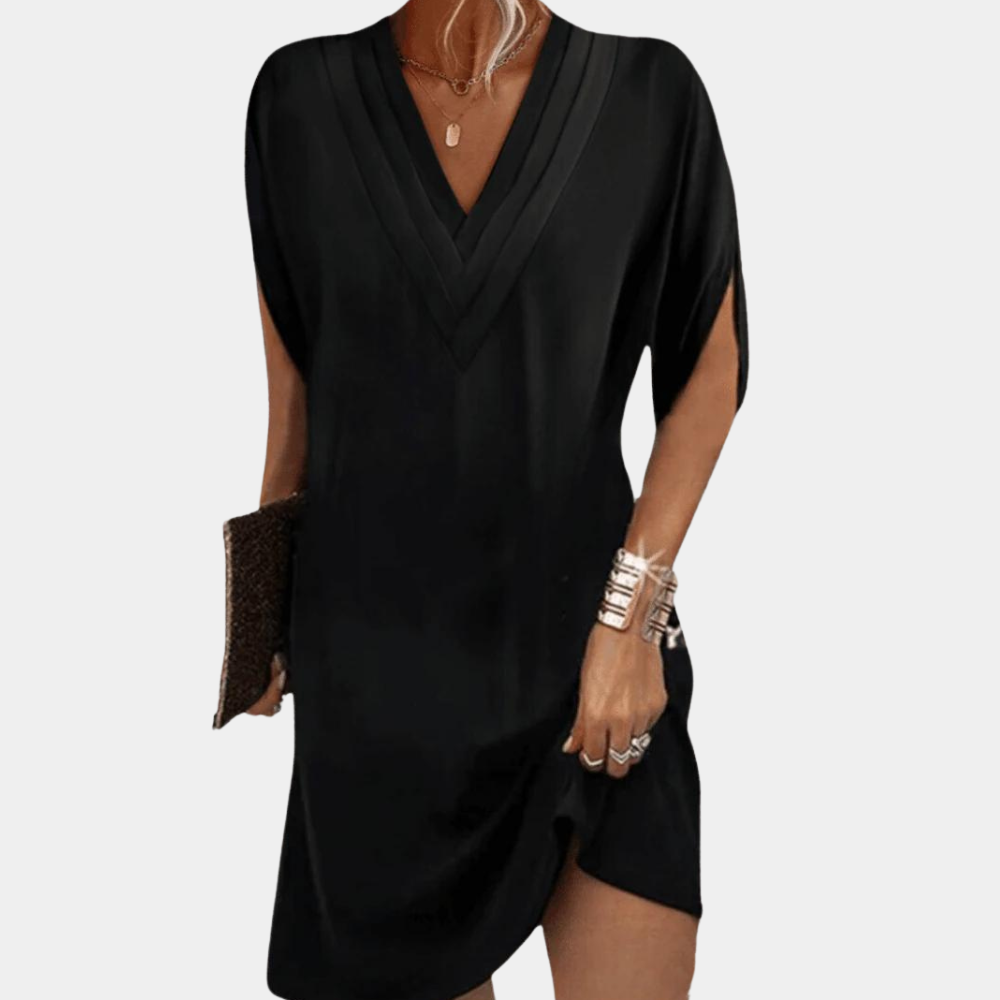 Robe Noire à Col V pour Femmes - Élégante avec Manches Fendues