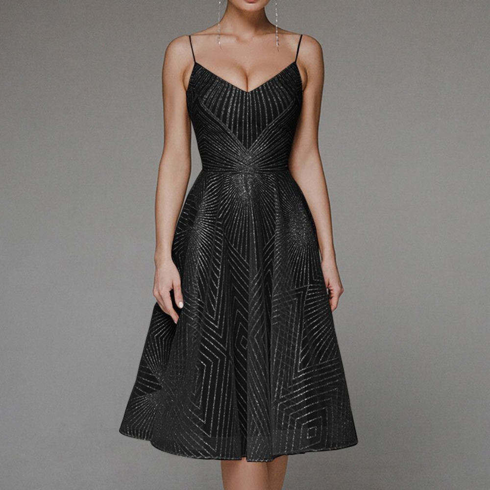 Robe de Soirée à Dos Ouvert - Motif Géométrique Élégant pour Invités