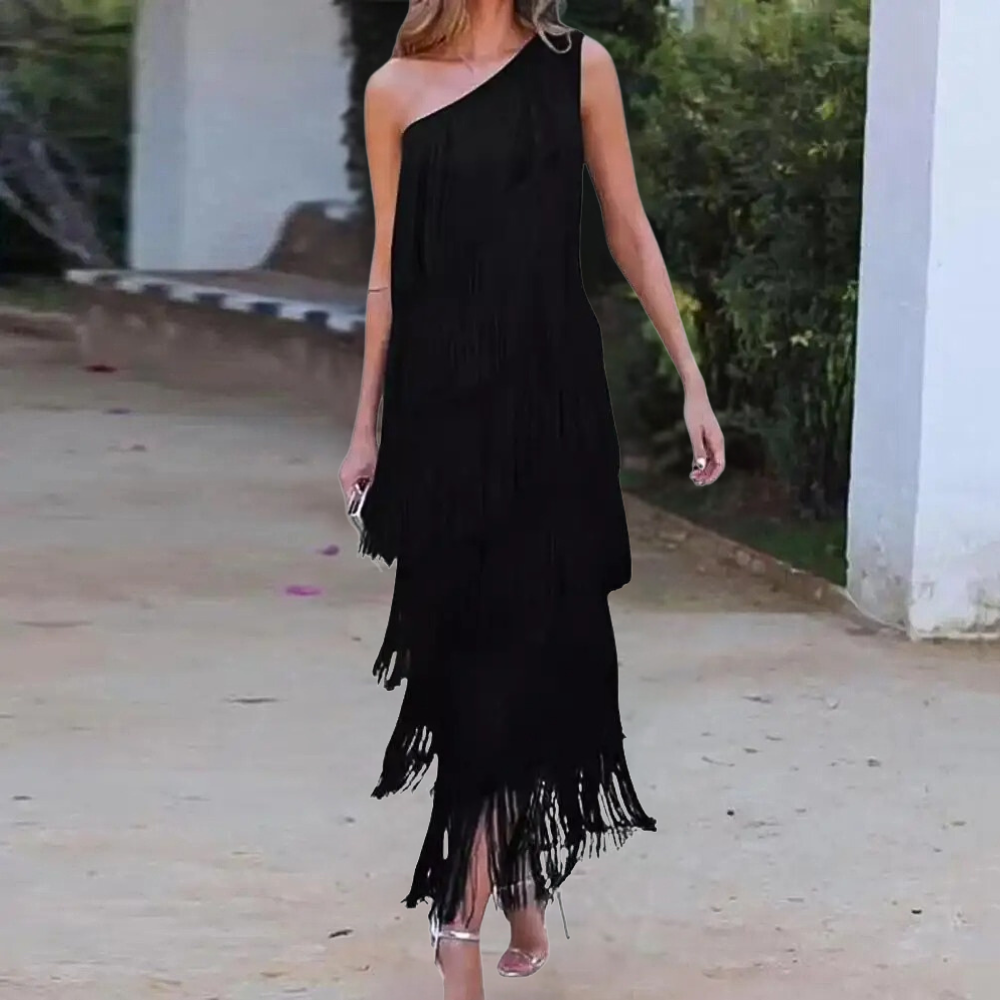 Robe Élégante à Une Épaule - Franges Stylées pour Événements Formels