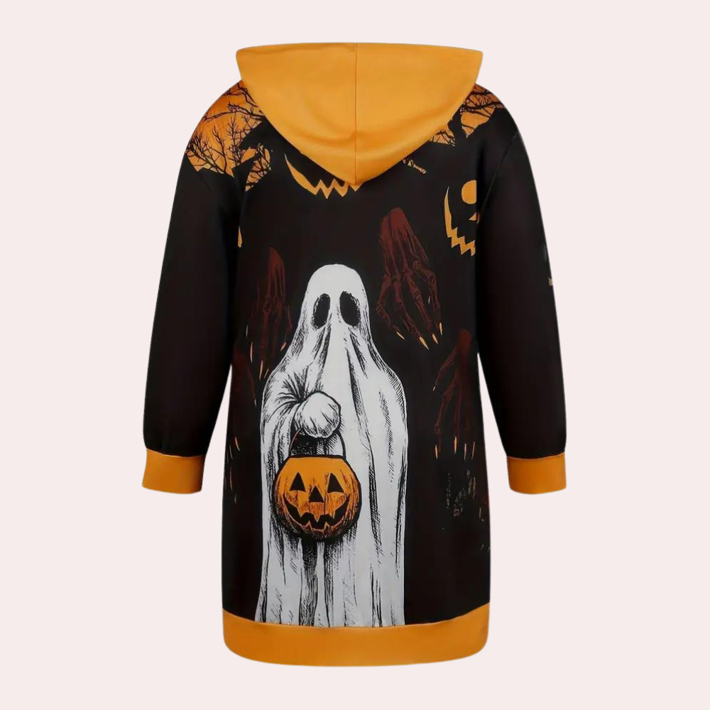 Robe Sweat à Capuche Halloween - Imprimé Fantômes et Citrouilles Festif