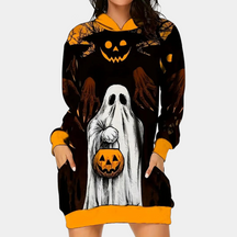 Robe Sweat à Capuche Halloween - Imprimé Fantômes et Citrouilles Festif