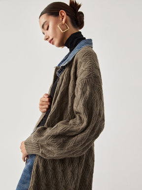 Cardigan Long en Tricot - Élégant Motif Diamant et Confort