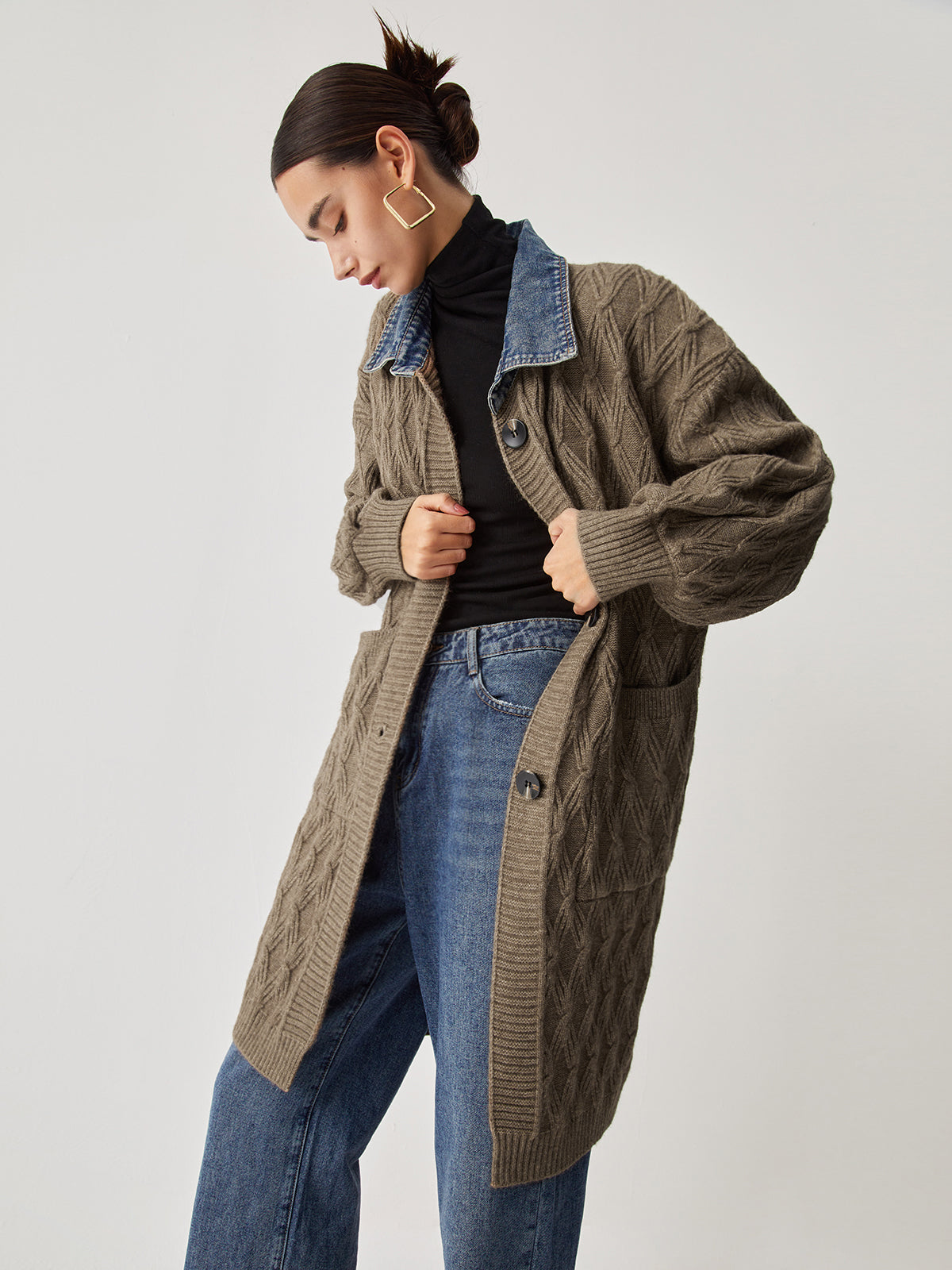Cardigan Long en Tricot - Élégant Motif Diamant et Confort