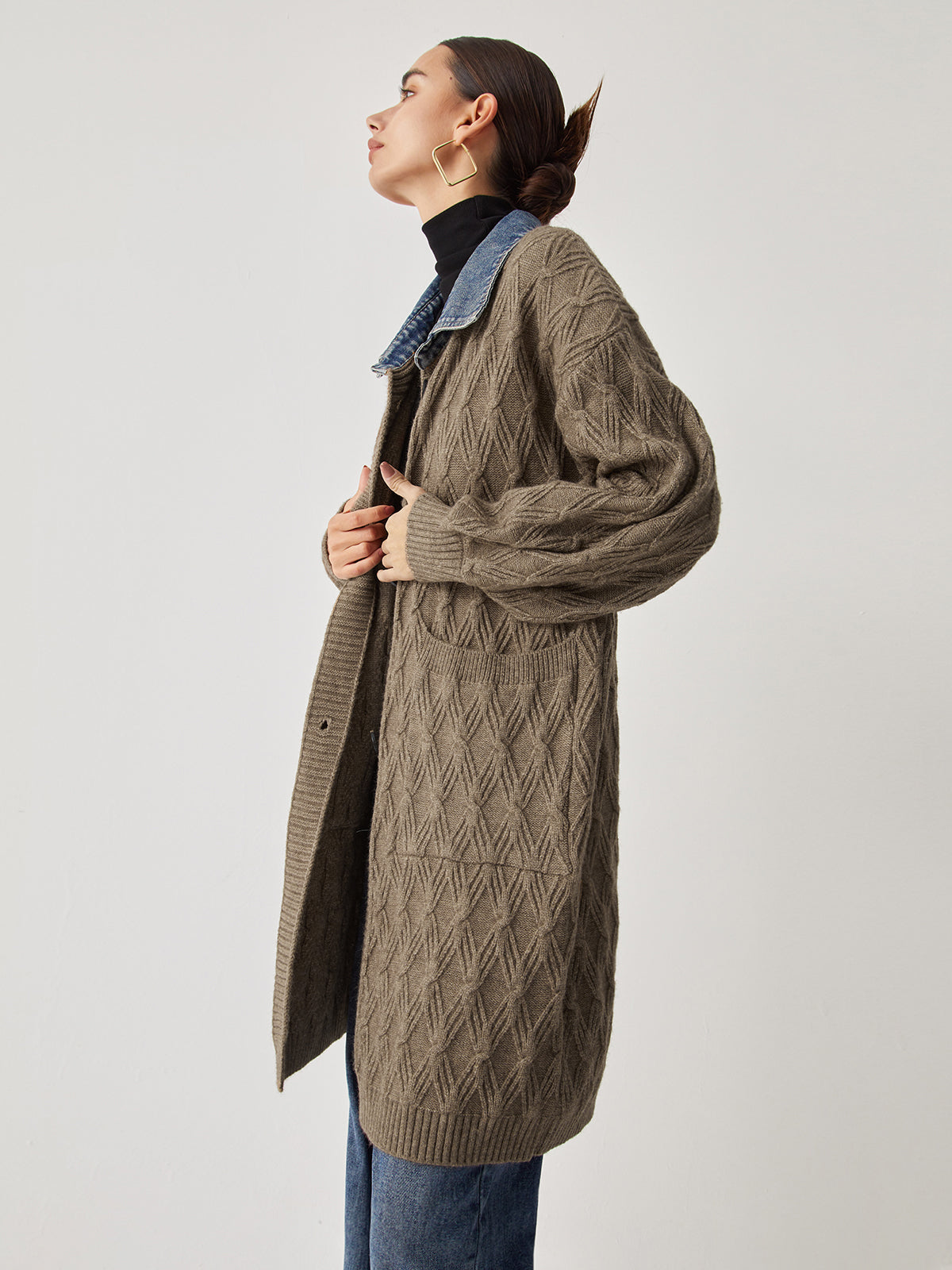 Cardigan Long en Tricot - Élégant Motif Diamant et Confort