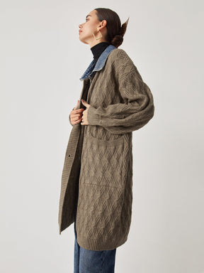 Cardigan Long en Tricot - Élégant Motif Diamant et Confort