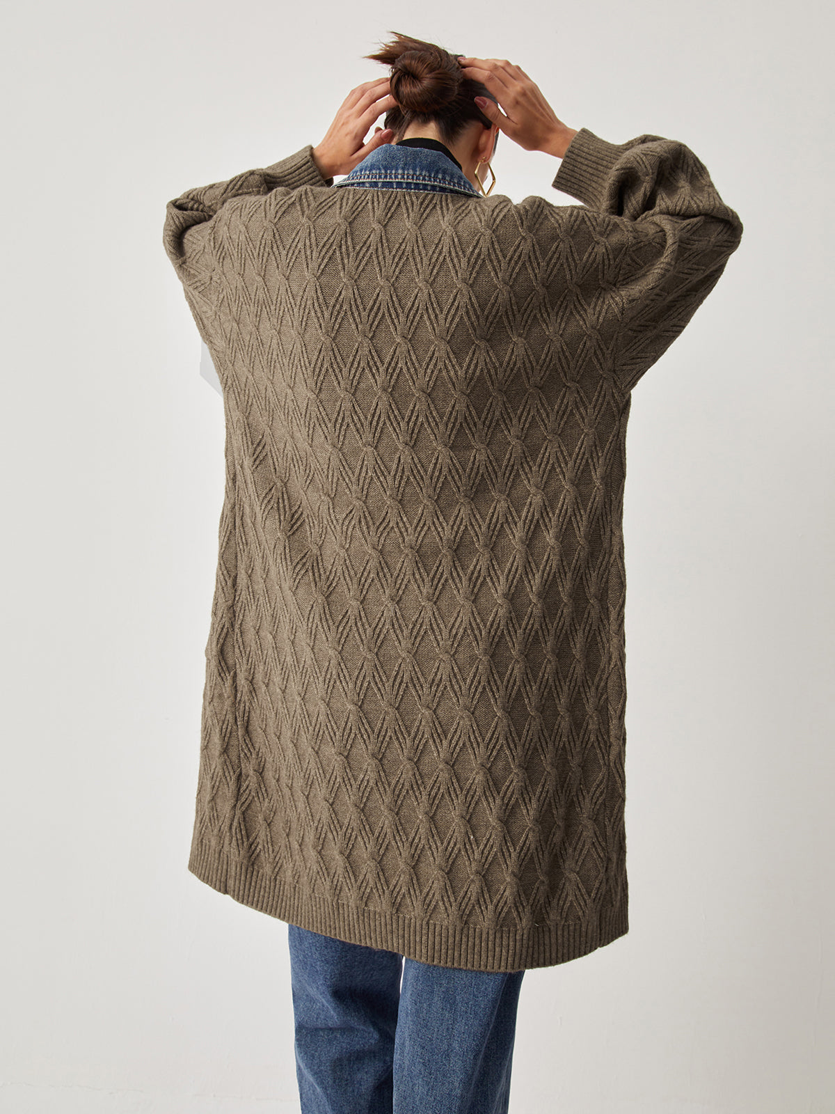 Cardigan Long en Tricot - Élégant Motif Diamant et Confort
