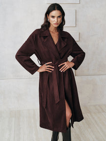 Manteau Trench Long en Suède - Chaud et Ceinturé pour Élégance