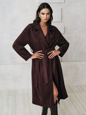 Manteau Trench Long en Suède - Chaud et Ceinturé pour Élégance