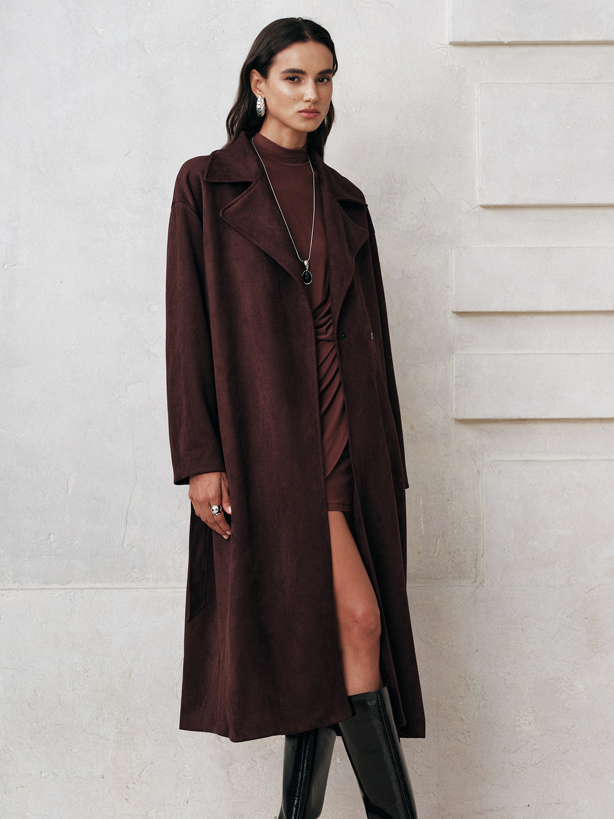 Manteau Trench Long en Suède - Chaud et Ceinturé pour Élégance