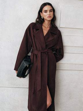 Manteau Trench Long en Suède - Chaud et Ceinturé pour Élégance
