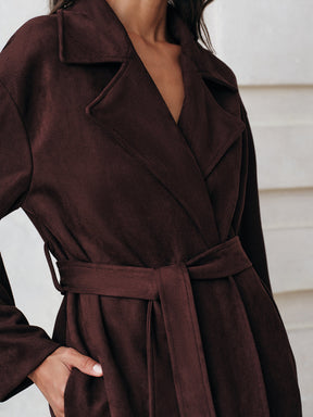 Manteau Trench Long en Suède - Chaud et Ceinturé pour Élégance
