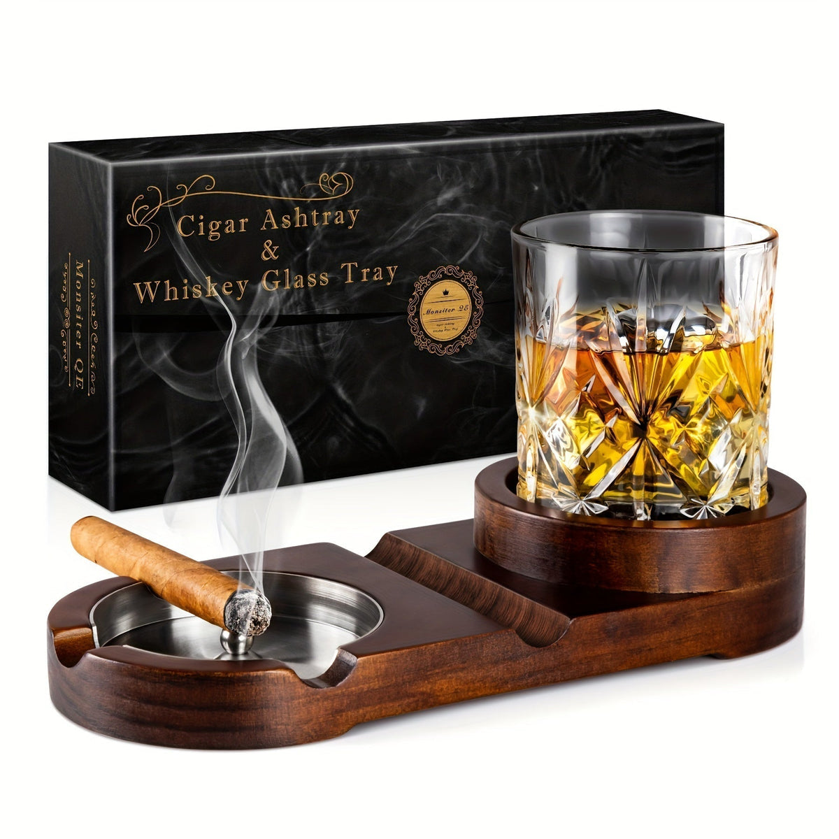 Cendrier à Cigares en Bois - Élégant avec Plateau en Verre à Whiskey