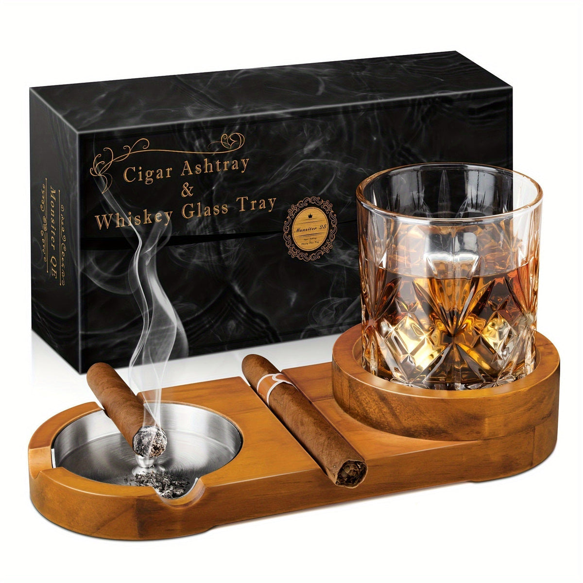 Cendrier à Cigares en Bois - Élégant avec Plateau en Verre à Whiskey
