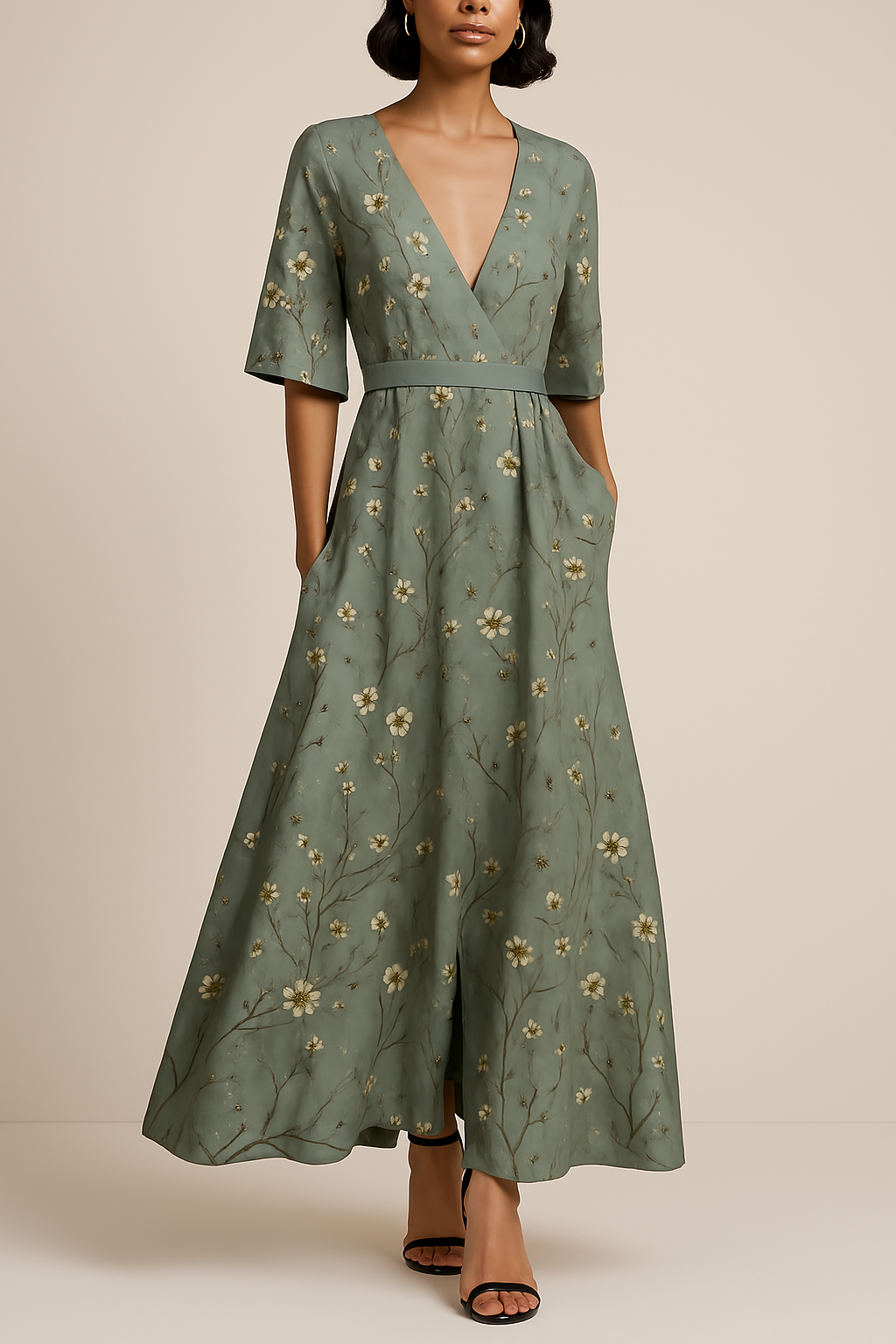 Robe Maxi à Col V pour Femmes - Silhouette A-Line Élégante et Confortable