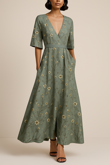 Robe Maxi à Col V pour Femmes - Silhouette A-Line Élégante et Confortable
