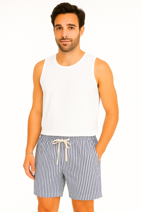 Shorts Rayés Longueur Genou - Taille à Cordon Ajustable et Confortable