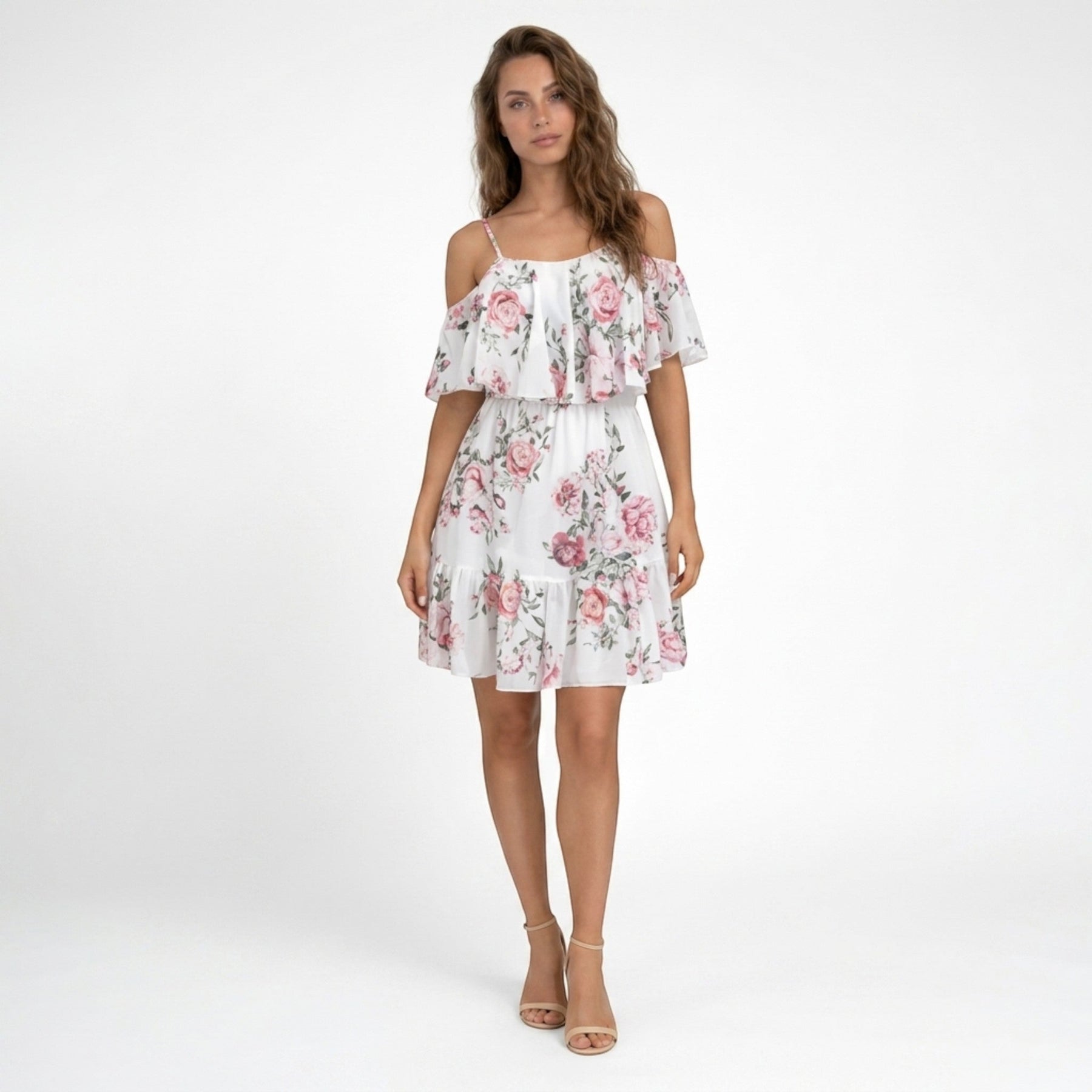 Robe mini en mousseline florale épaules dénudées volants superposés été femme