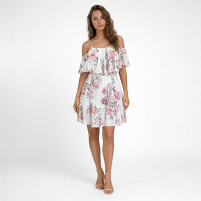 Robe mini en mousseline florale épaules dénudées volants superposés été femme