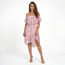 Robe mini en mousseline florale épaules dénudées volants superposés été femme