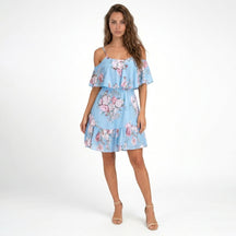 Robe mini en mousseline florale épaules dénudées volants superposés été femme