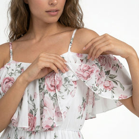 Robe mini en mousseline florale épaules dénudées volants superposés été femme