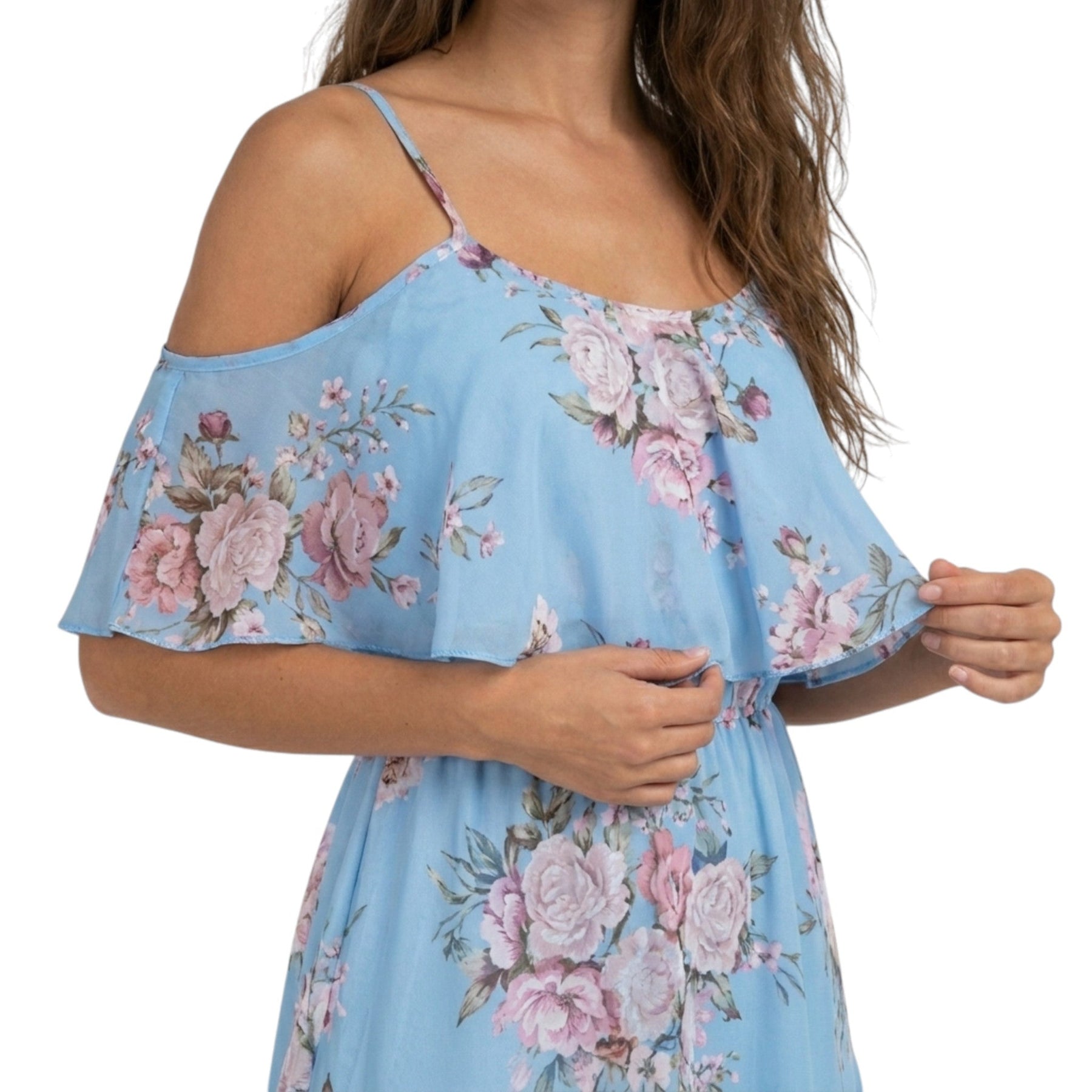 Robe mini en mousseline florale épaules dénudées volants superposés été femme
