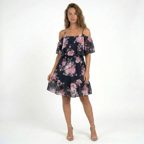 Robe mini en mousseline florale épaules dénudées volants superposés été femme