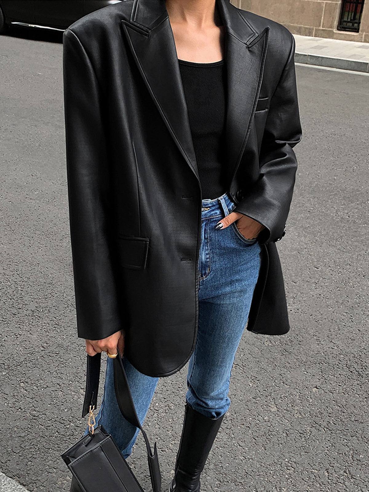 Blazer en Cuir Synthétique - Élégant avec Poche à Revers