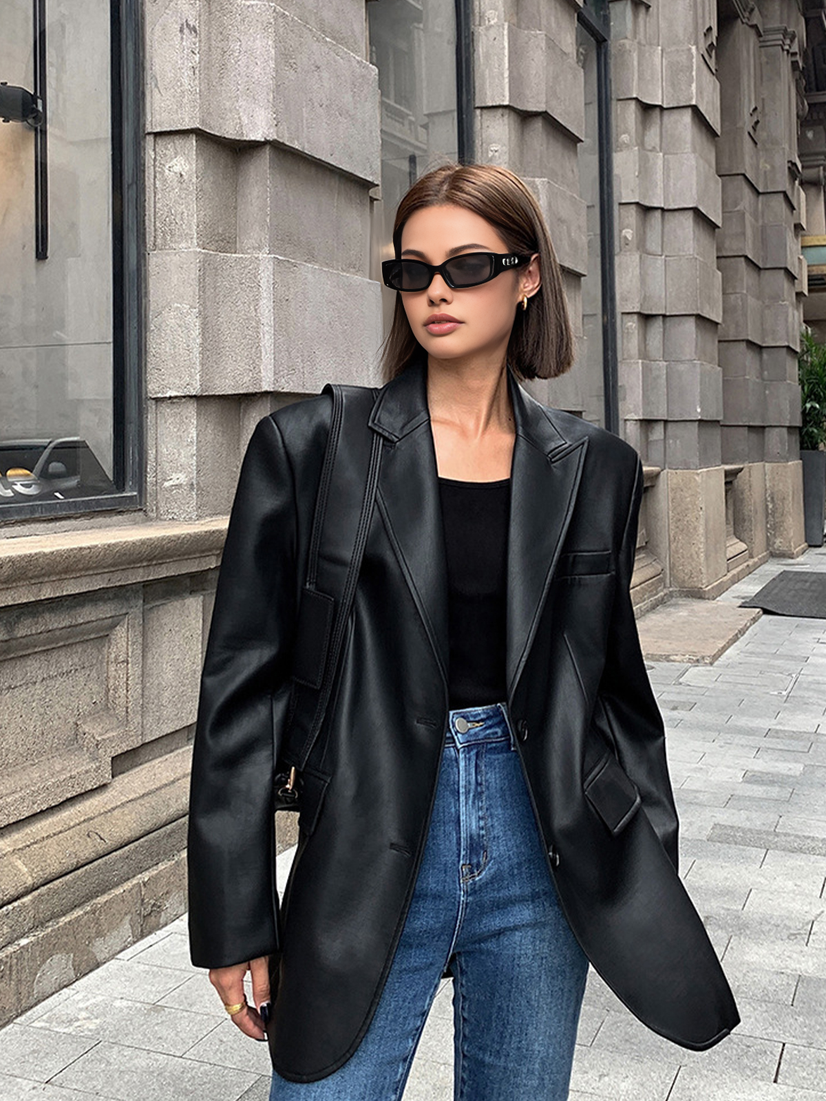 Blazer en Cuir Synthétique - Élégant avec Poche à Revers