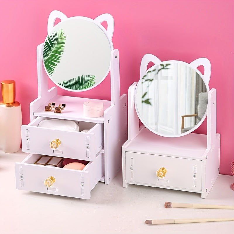 Miroir de Maquillage avec Rangement - Design Mignon et Pratique à Oreilles de Chat