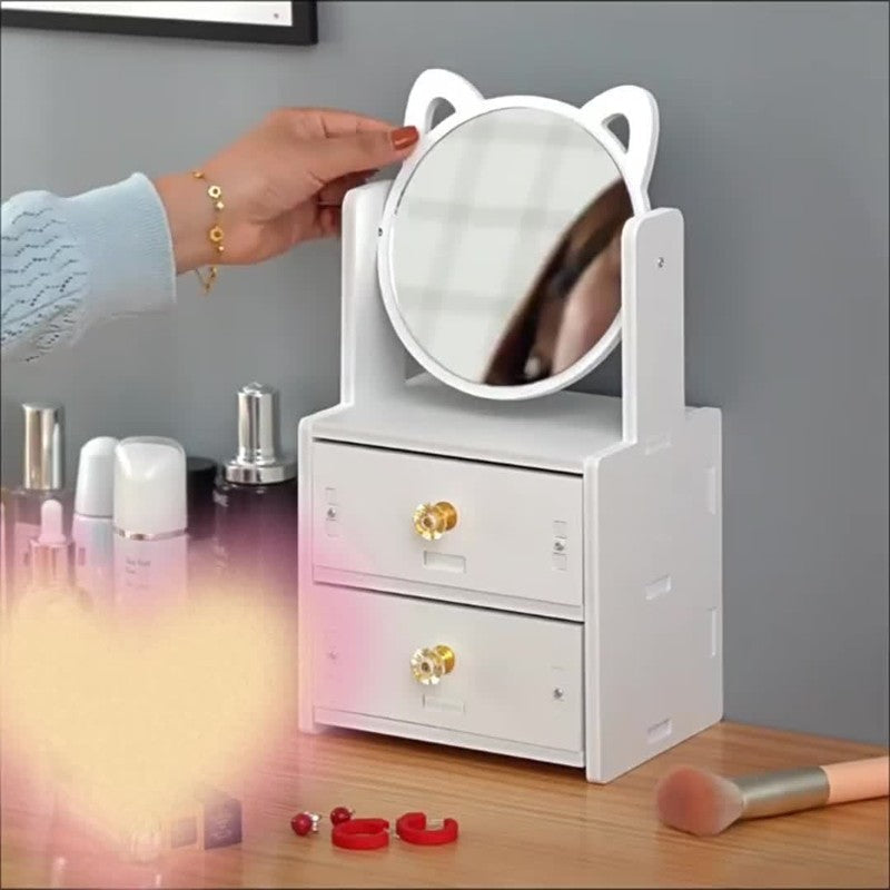 Miroir de Maquillage avec Rangement - Design Mignon et Pratique à Oreilles de Chat