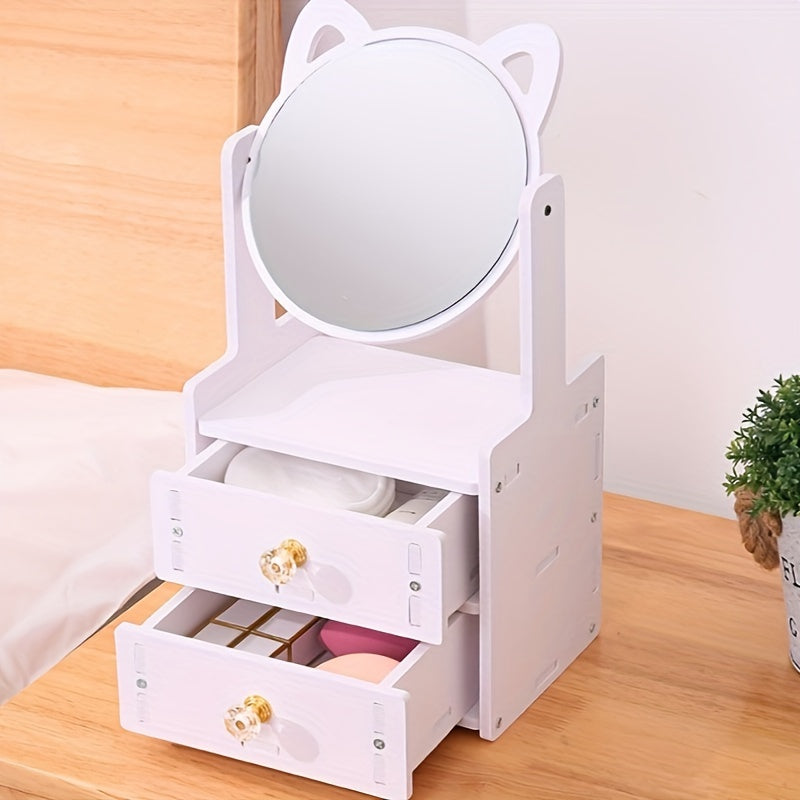 Miroir de Maquillage avec Rangement - Design Mignon et Pratique à Oreilles de Chat
