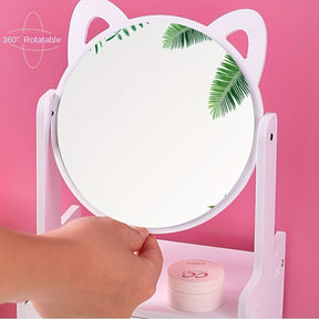 Miroir de Maquillage avec Rangement - Design Mignon et Pratique à Oreilles de Chat