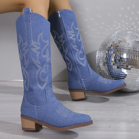Bottes de Cowboy en Denim - Broderie Western et Talon Confortable