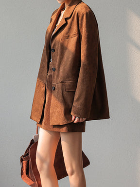 Blazer Vintage en Suède - Élégance Classique avec Manches Longues