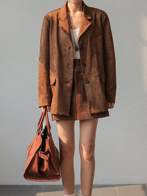 Blazer Vintage en Suède - Élégance Classique avec Manches Longues