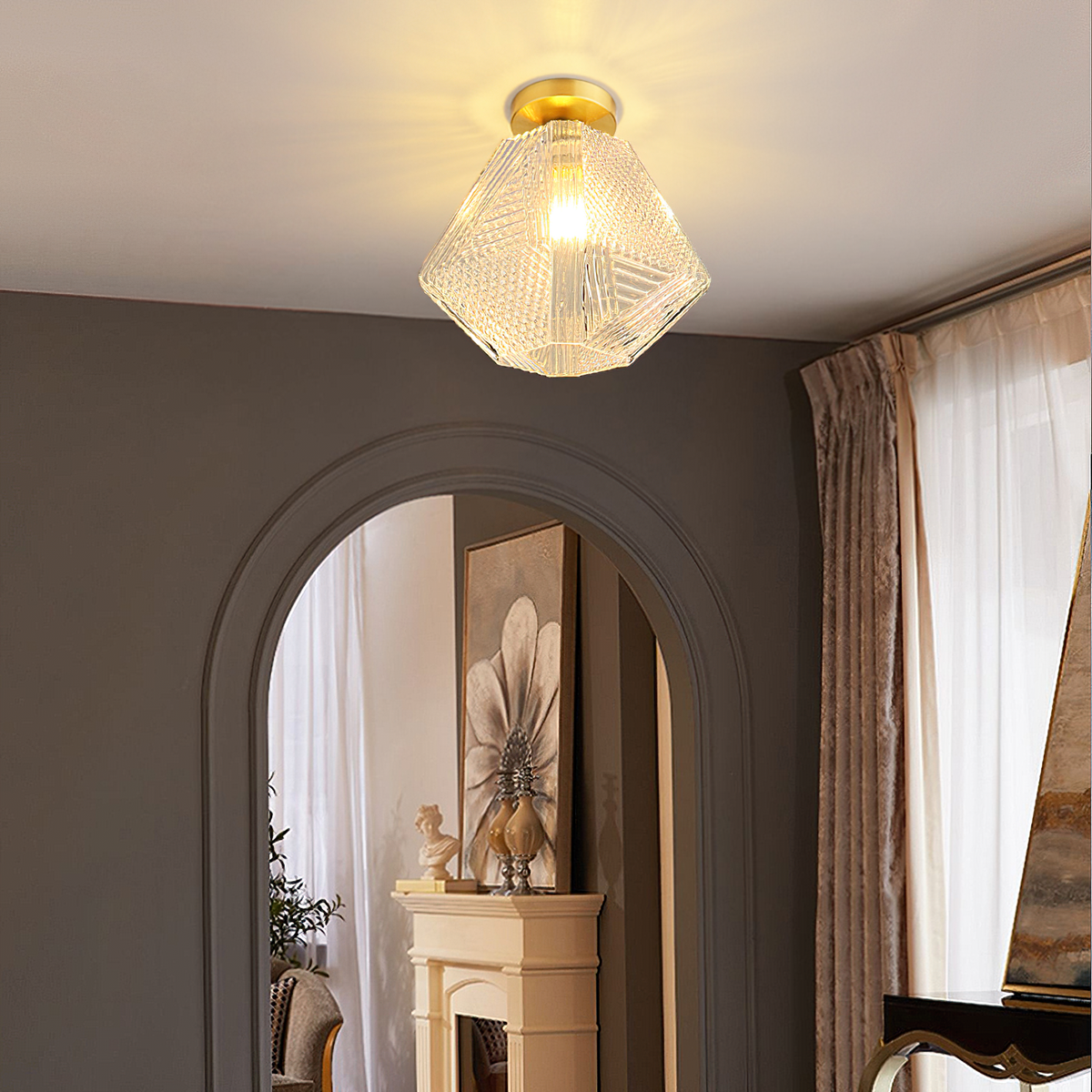Lampe de Plafond Art Déco - Élégance et Luxe en Verre et Laiton