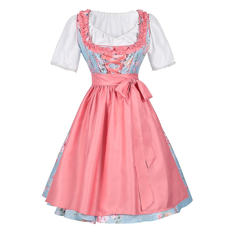 Robe Dirndl Fleurie Rose - Ensemble Traditionnel avec Tablier et Blouse