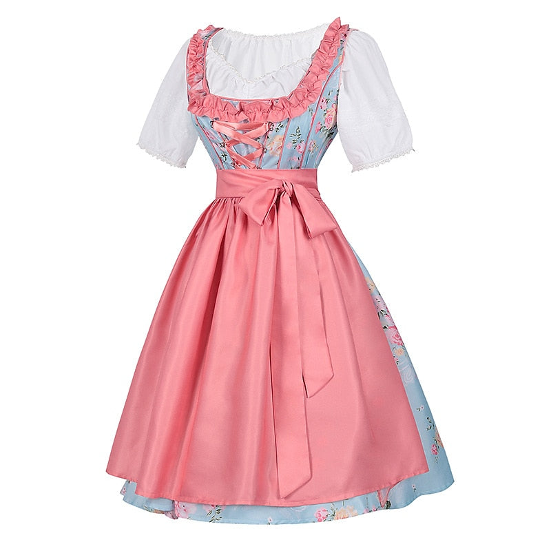 Robe Dirndl Fleurie Rose - Ensemble Traditionnel avec Tablier et Blouse