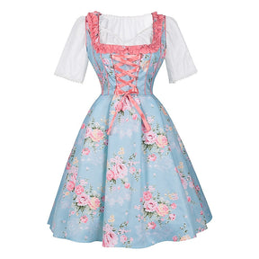 Robe Dirndl Fleurie Rose - Ensemble Traditionnel avec Tablier et Blouse