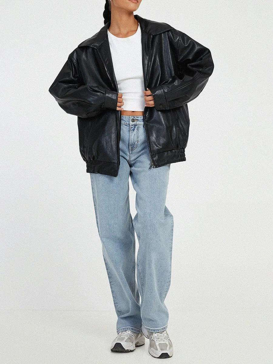 Veste Bomber en Cuir Oversize - Style Décontracté et Élégant pour Femmes