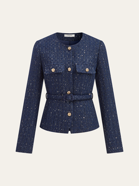 Veste en Tweed Métallique - Style Contemporain et Ceinturée